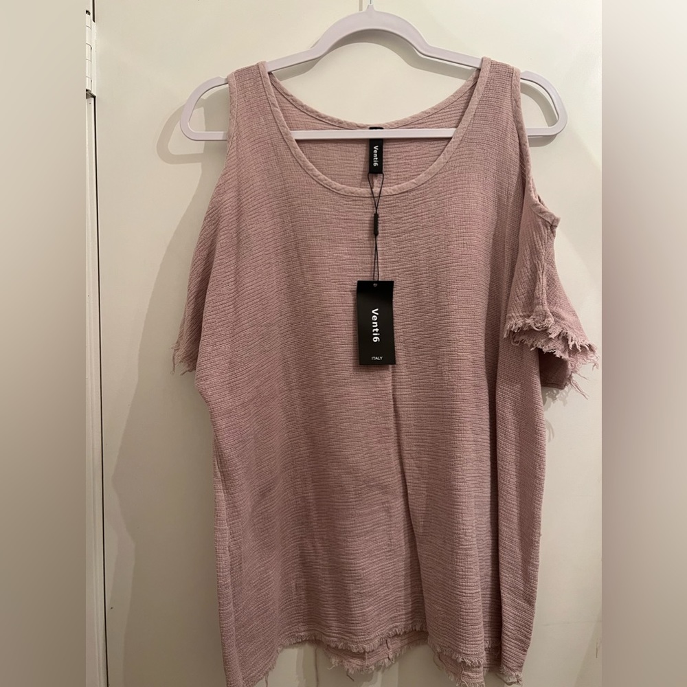 Venti6 Fringe Hem Open Shoulder Gauze Top Rose Size Small
